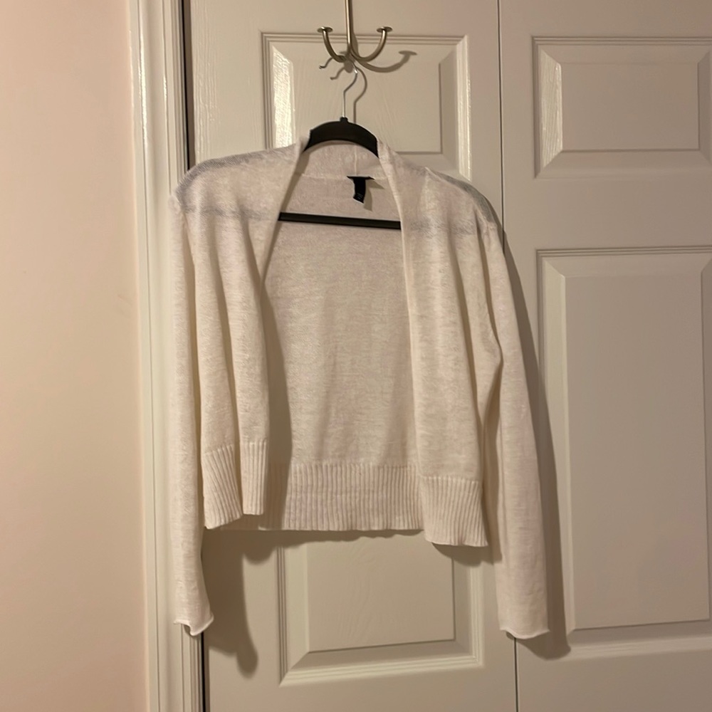 Eileen Fisher White Linen Knit Open Front Cardigan